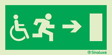 Signal d´évacuation avec pictogramme pour l´Accessibilité des Personnes à Mobilité Réduite (PMR) avec flèche vers la droite