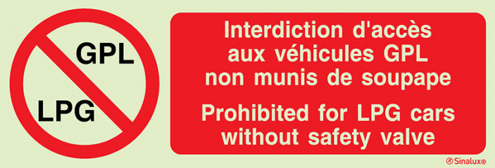 Signal pour parkings, interdiction d´accès aux véhicules GPL munis de soupape (avec texte en français et anglais)