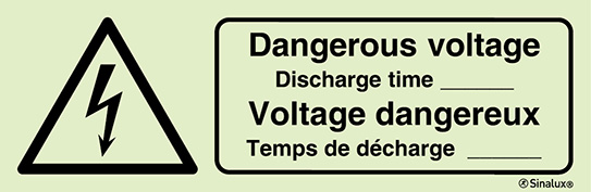 Signal pour éoliennes, voltage dangereux temps de décharge avec texte en français et anglais