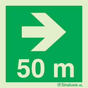 Signal Sinalux AL, localisation des équipements de secours, flèche directionnelle avec indication de distance 50m