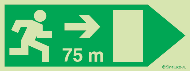 Signal Sinalux AL pour issues de secours selon la directive européenne 92/58/CEE, évacuation à droite avec indication de distances 75m