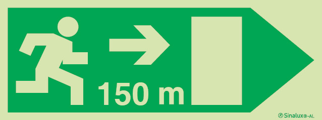 Signal Sinalux AL pour issues de secours selon la directive européenne 92/58/CEE, évacuation à droite avec indication de distances 150m