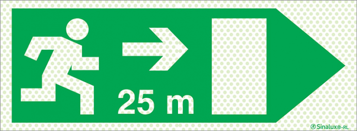 Signal Sinalux RL pour issues de secours selon la directive européenne 92/58/CEE, évacuation à droite avec indication de distances 25m