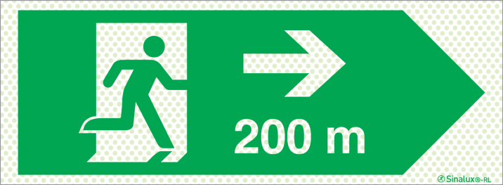 Signal Sinalux RL pour issues de secours selon la norme EN ISO 7010, évacuation à droite avec indication de distances 200m