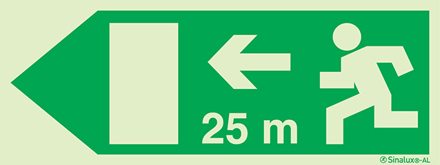 Signal Sinalux AL pour issues de secours selon la directive européenne 92/58/CEE, évacuation à gauche avec indication de distances 25m