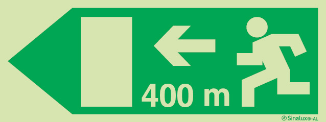 Signal Sinalux AL pour issues de secours selon la directive européenne 92/58/CEE, évacuation à gauche avec indication de distances 400m