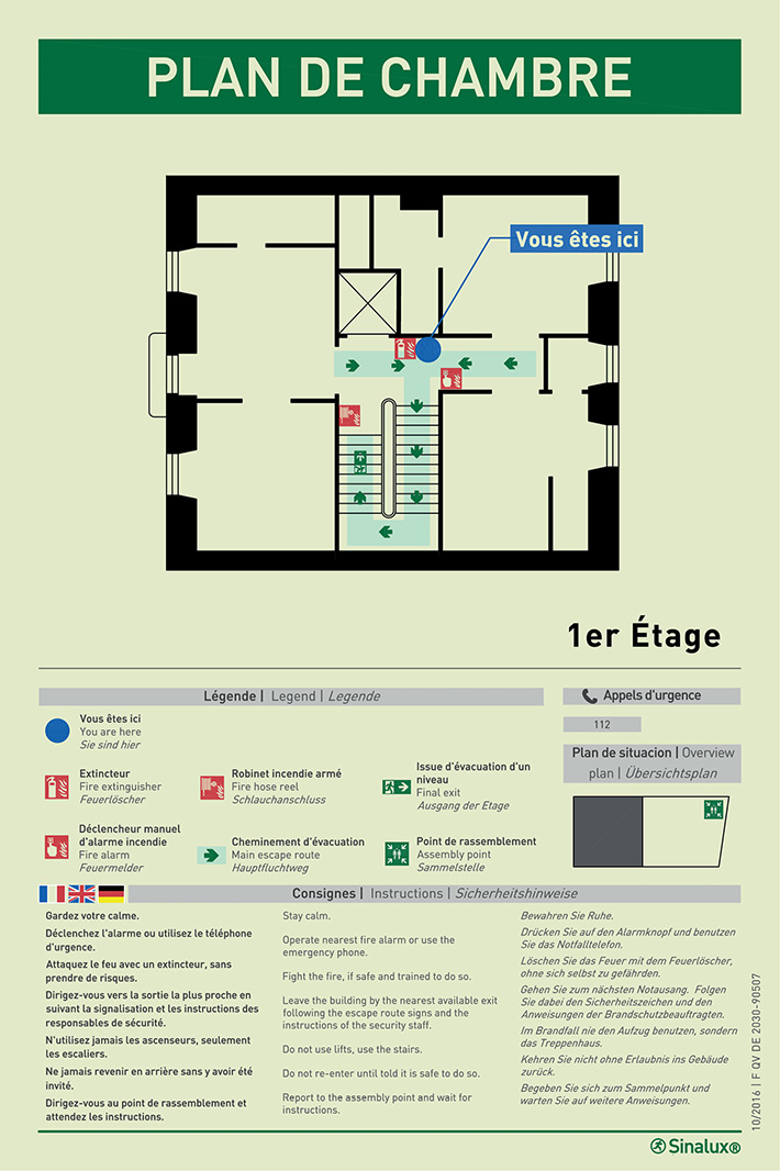 Plan de chambre avec consigne en français, anglais et allemand