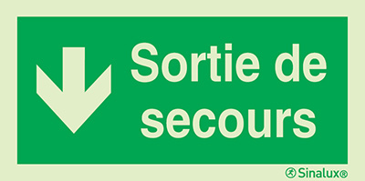 Signal d´évacuation avec texte "Sortie de secours" vers le bas