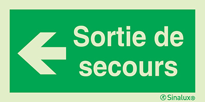 Signal d´évacuation avec texte "Sortie de secours" à gauche