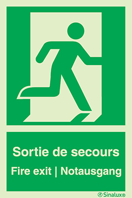 Signal d´évacuation selon la norme EN ISO 7010 bonhomme seul vers la droite avec en-dessous texte Sortie de secours - Fire exit - Notausgang