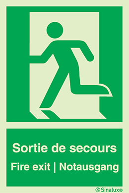 Signal d´évacuation selon la norme EN ISO 7010 bonhomme seul vers la gauche avec en-dessous texte Sortie de secours - Fire exit - Notausgang