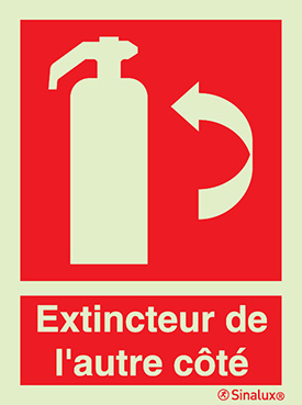 Signal d´extincteur de l´autre côté avec texte (selon ISO 7010)