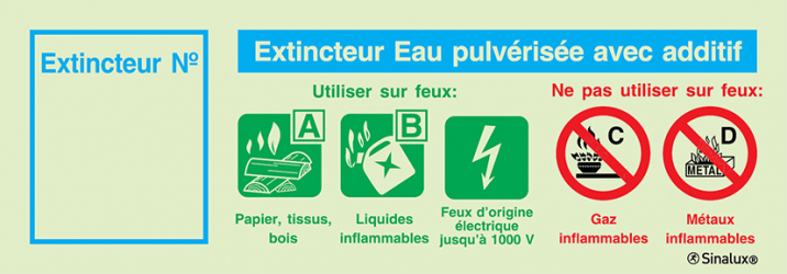 Signal d´agent extincteur avec numérotation, Eau pulvérisé avec additif AB