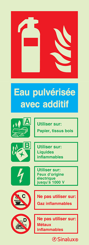 Signal d´agent extincteur sans numérotation, Eau pulvérisé avec additif AB
