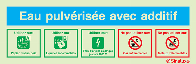 Signal auto-adhésif d´agent extincteur sans numérotation, Eau pulvérisé avec additif AB