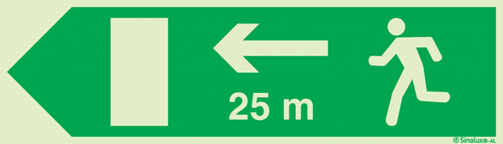 Signal Sinalux AL pour issues de secours, Dp2b/F52bis/E31b évacuation vers la gauche avec indication de distances