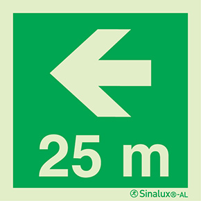 Signal Sinalux AL, localisation des équipements de secours, flèche directionnelle avec indication de distance 25m