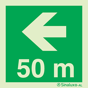 Signal Sinalux AL, localisation des équipements de secours, flèche directionnelle avec indication de distance 50m