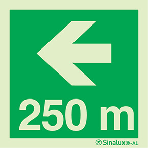 Signal Sinalux AL, localisation des équipements de secours, flèche directionnelle avec indication de distance 250m