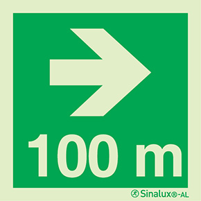 Signal Sinalux AL, localisation des équipements de secours, flèche directionnelle avec indication de distance 100m