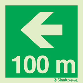 Signal Sinalux AL, localisation des équipements de secours, flèche directionnelle avec indication de distance 100m