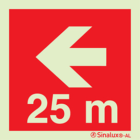 Signal Sinalux AL, localisation des équipements d´alerte de lutte contre l´incendie flèche directionnelle avec indication de distance 25m