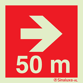 Signal Sinalux AL, localisation des équipements d´alerte de lutte contre l´incendie, flèche directionnelle avec indication de distance 50m