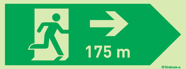 Signal Sinalux AL pour issues de secours selon la norme EN ISO 7010, évacuation à droite avec indication de distances 175m