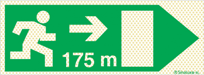 Signal Sinalux RL pour issues de secours selon la directive européenne 92/58/CEE, évacuation à droite avec indication de distances 175m