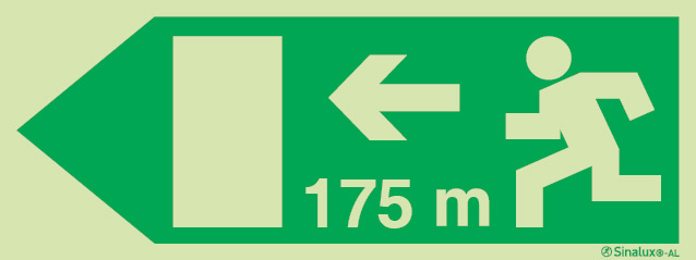 Signal Sinalux AL pour issues de secours selon la directive européenne 92/58/CEE, évacuation à gauche avec indication de distances 175m