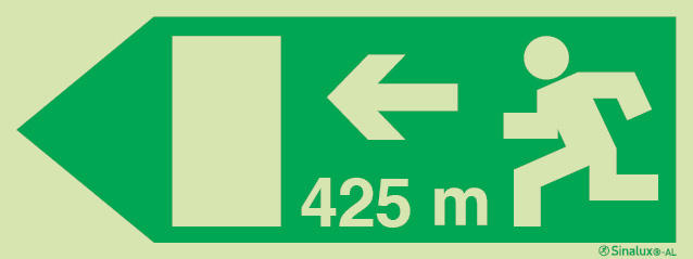 Signal Sinalux AL pour issues de secours selon la directive européenne 92/58/CEE, évacuation à gauche avec indication de distances 425m