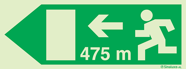 Signal Sinalux AL pour issues de secours selon la directive européenne 92/58/CEE, évacuation à gauche avec indication de distances 475m