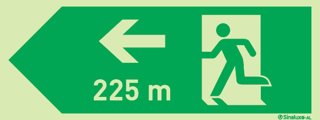 Signal Sinalux AL pour issues de secours selon la norme EN ISO 7010, évacuation à gauche avec indication de distances 225m