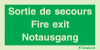 Signal d´évacuation avec texte "Sortie de secours - Fire Exit - Notausgang"