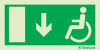 Signal d´évacuation avec pictogramme pour l´Accessibilité des Personnes à Mobilité Réduite (PMR) avec flèche vers le bas