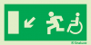 Signal d´évacuation avec pictogramme pour l´Accessibilité des Personnes à Mobilité Réduite (PMR) avec flèche vers le bas à gauche