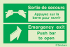 Signal d´ouverture de porte, flèche et texte en français/anglais "Sortie de secours/Appuyez sur la barre pour ouvrir"
