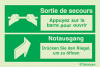 Signal d´ouverture de porte, flèche et texte en français/allemand "Sortie de secours/Appuyez sur la barre pour ouvrir"