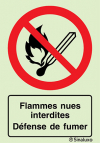 Signal d´interdiction, flammes nues interdites, défense de fumer avec texte