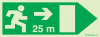 Signal Sinalux AL pour issues de secours selon la directive européenne 92/58/CEE, évacuation à droite avec indication de distances 25m