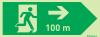 Signal Sinalux AL pour issues de secours selon la norme EN ISO 7010, évacuation à droite avec indication de distances 100m